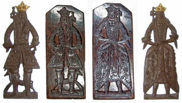 Front and back views of a fine and unusually large English carved oak double-sided gingerbread mold of the late 17th century, depicting King William III and Queen Mary, together with impressions taken from it. The mold was originally in the kitchens of Denston Hall, Newmarket. It measures 66cm in height. Photo by Michael Finlay [30] 